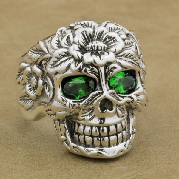 

linsion 925 sterling silver flower skull ring green cz eyes mens biker rock punk style 9w305 us size 7~15, Golden;silver