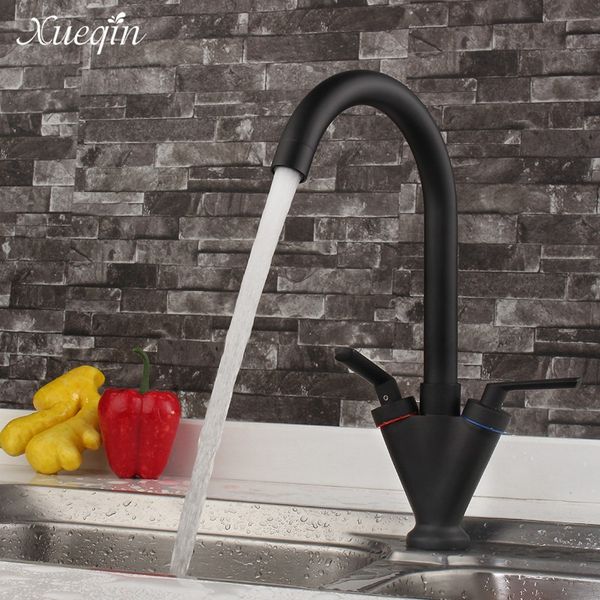 

wholesale- xueqin black double handle kitchen basin sink water faucet nickle brush bathroom cold mixer tap faucet spout