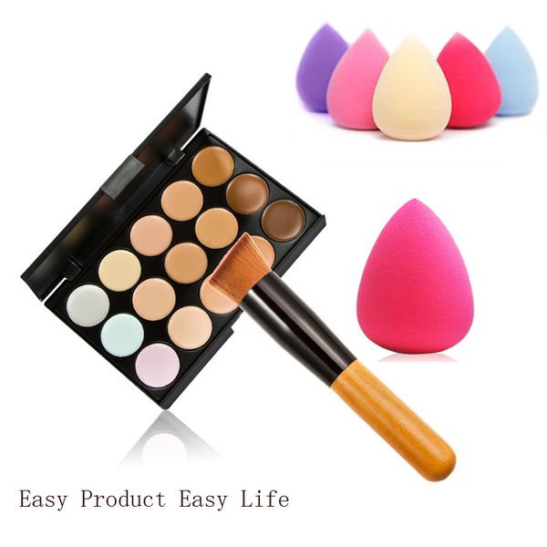 

wholesale-15colors concealer palette + wooden handle brush + teardrop-shaped puff makeup base foundation concealers face lipstick makeup
