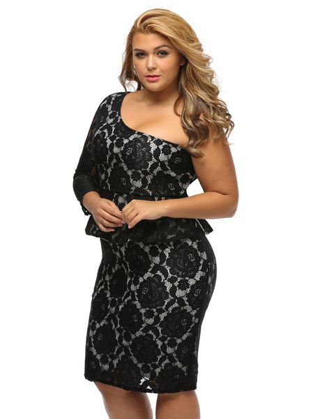 

women's plus size one shoulder long sleeve lace clubwer party dresses vestidos size: xl xxl xxxl dlm61332, Black;gray