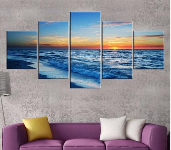 

5 шт. холст wall art отпечатки морская волна закат морской пейзаж современная живопись стены картину для гостиной каркас дома decoracion