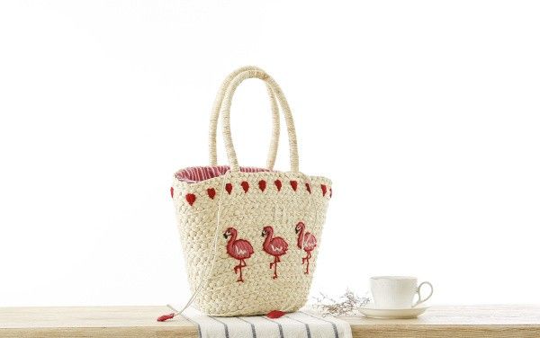 Saco de mão de Hot New coreano Bordados Mulheres Ombro Grande Straw Bag Moda Flamingo Beach Bags Big Tote Bag Woven