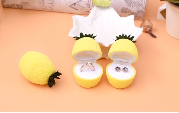 

[simple seven] cute fruit yellow pineapple ring box plastic flocking jewelry display ear studs case bromeliad jewerly container, Black;white