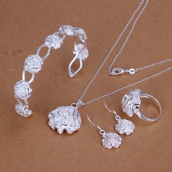 

gift roses sterling silver plated jewelry set for women es321,fashion 925 silver necklace bracelet earring ring set, Black