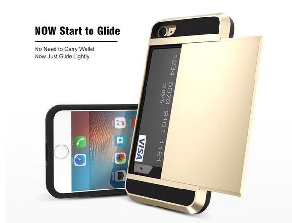 Carteira case para iphone 7/7 plus armadura slide espaçoso cartão de crédito case luxo híbrido fino wallet telefone case pc tampa traseira