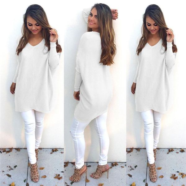 

wholesale-plus size v-neck pullover casual loose solid design long sweater cashmere 8 colors long-sleeve 2016 autumn winter fashion, White