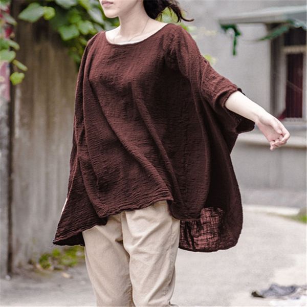 

johnature 2017 original summer new loose women t-shirts summer new o-neck linen cotton big sweep vintage shirts, White