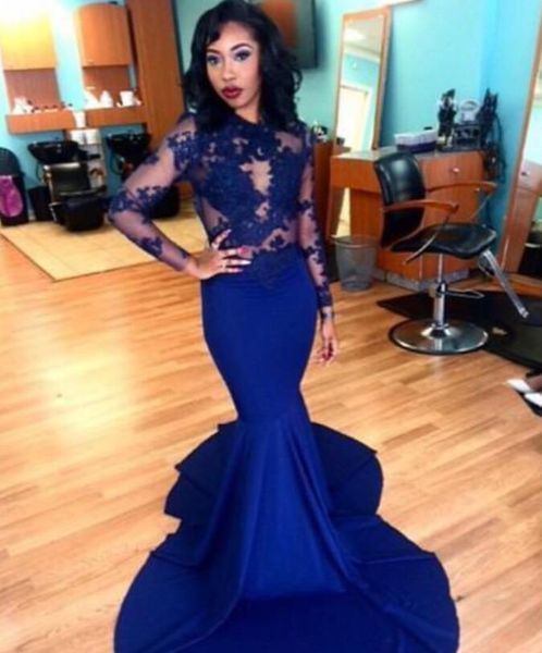 

lace royal blue mermaid evening prom dress long elegant plus size see through sheer long sleeves 2016 arabic party dress african, Black