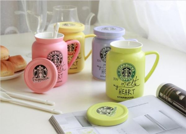 Cup Message Style Mug Starbucks Color Fresh Ceramic Small Spoon Mugs Coffee With Cover Milk Leave Gift 450ml Artistic House OZiuPXkT