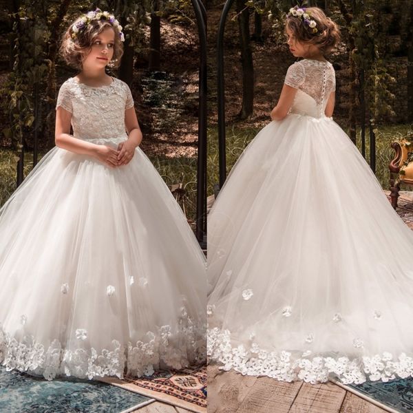 Ballkleid Weiße Blumenmädchenkleider für Hochzeiten D Blumenapplikationen Spitze Erstkommunionkleid für kleine Kinder Günstige Festzugskleider ress s