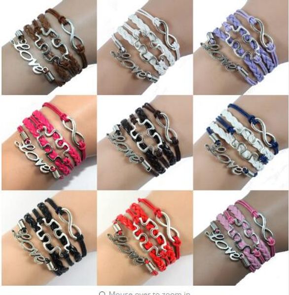 

10pcs/lot diy 9 color tibet silver infinity love puzzle pieces autism awareness bracelet handmade leather combined jewelry as gift, Golden;silver