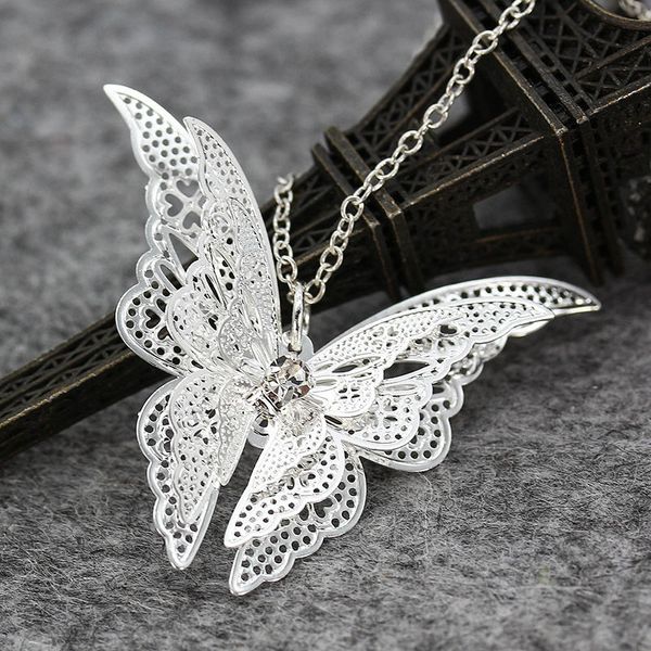 

new women lady girl 925 sterling silver plated hollow butterfly necklace rhinestones pendant fashion jewelry flying wings butterfly necklace