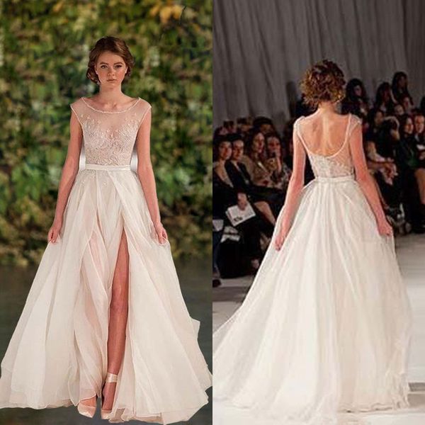 

paolo sebastian applique sheer prom dresses a line sequins split side illusion crew neck cap sleeves backless floor length evening gowns, Black