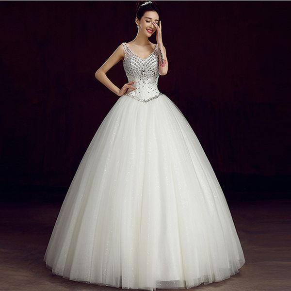

romantic v neck tulle ball gown wedding dress with crystal lace up 2017 new floor length wedding gowns, White