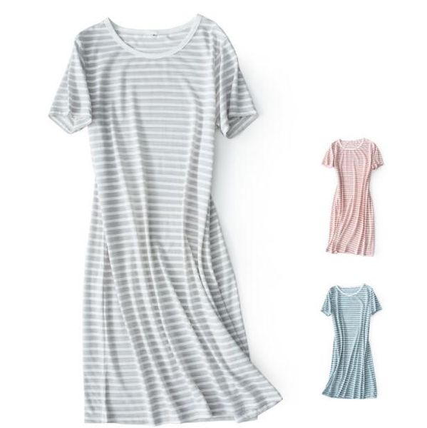 

knitted striped short sleeve sleeping skirt cotton home skirt dresses female mid summer 10075, Black;red