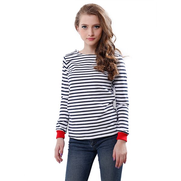 

wholesale-new women's o-neck t-shirt long sleeve black and white striped t shirts black and white tees