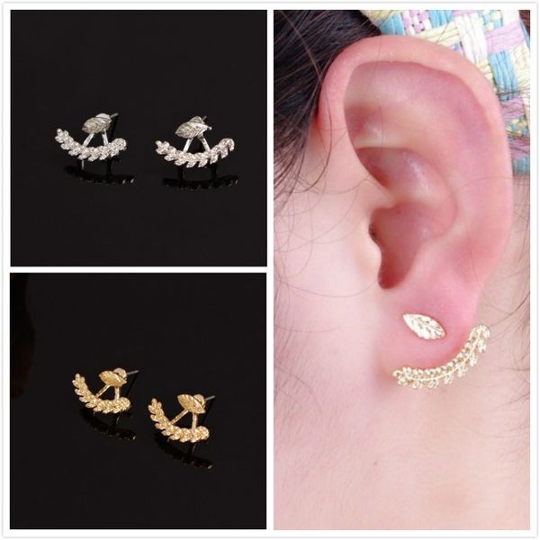 

leaf back ear cuffs stud earring silver/gold filled piercing ear wraps double sided swing stud earrings, Golden;silver