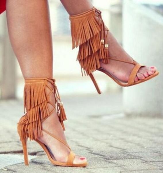 

2017 women sandals tassel shoes ankle strap high heels fringe shoes wedding heeled lace up party shoes gladiator sandals, Black