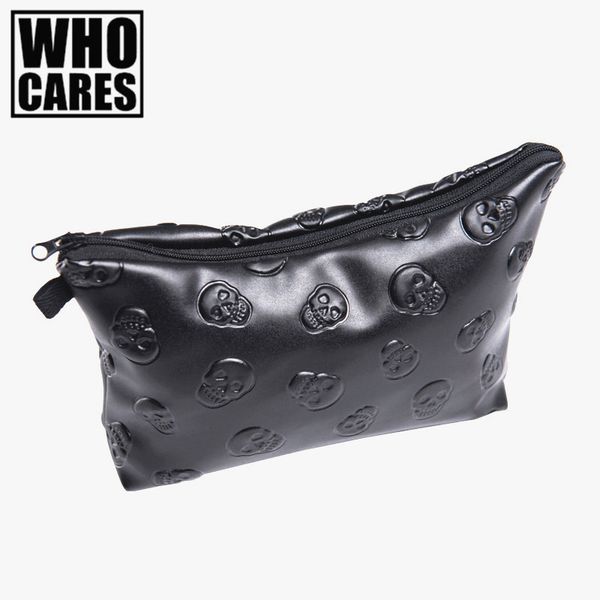 

wholesale- black skull 3d printing leather makeup bag women 2016 fashion travel organizer pu cosmetic bag trousse de maquillage pencil ca
