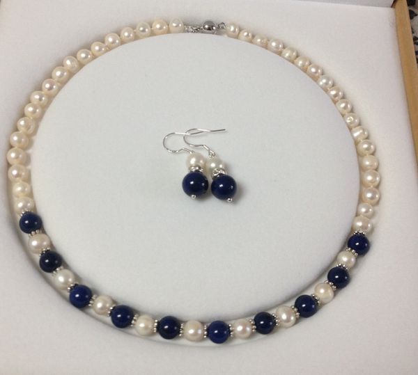 

charmingwhite akoya cultured pearl/lapis lazuli necklace earrings set a23, Black