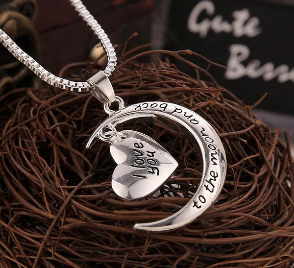 

10pcs/lot new silver crescent moon heart charm i love you to the moon and back necklace