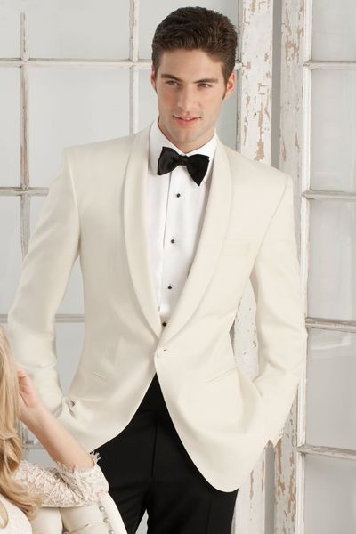 Estilo clássico Noivo Smoking Padrinhos de Casamento Um Botão Xale Marfim Lapela Melhor Homem Terno de Casamento dos homens Blazer Ternos (Jacket + Pants + Cintur ... + Gravata) K264