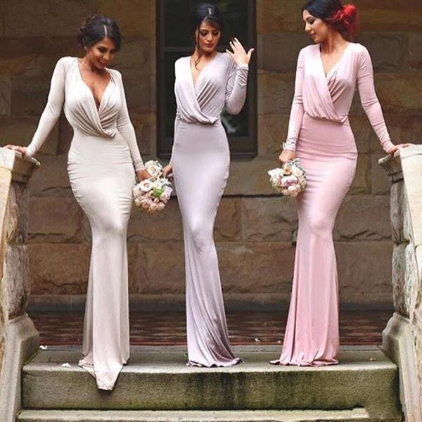 

custom made sheath bridesmaid dress with long sleeves new fashion v-neck floor length gorgeous maid of honor gowns, White;pink