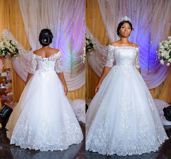 

vintage half sleeves long 2016 wedding dress vestidos novia appliqued floor length lace-up back bridal dresses, White