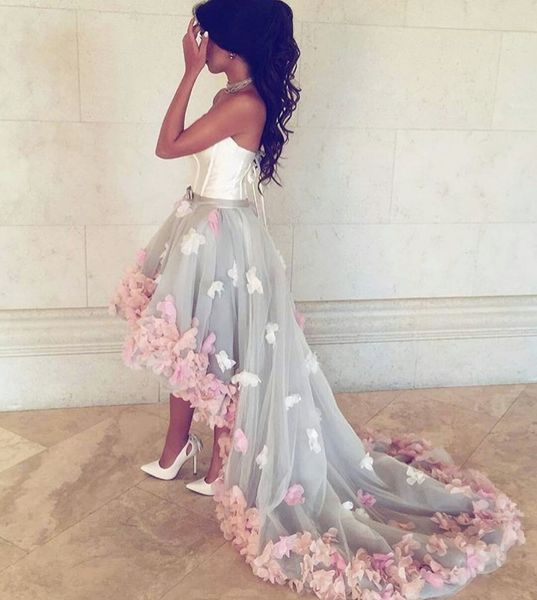 

strapless high-low prom party dress with floral applique glamorous tutu sweep train celebrity party gowns fashion evening dress, Black