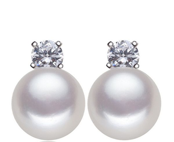 

fashion bride wedding jewelry 8-9mm natural freshwater pearl stud earrings shining rhinestone ear stud earrings gifts, Golden;silver