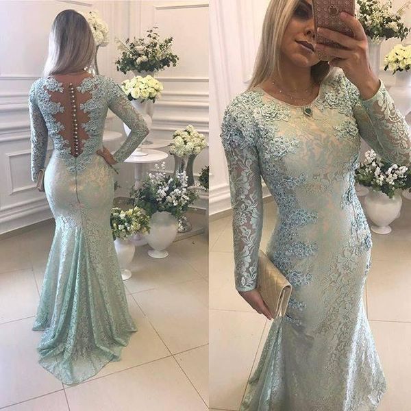 2021 Sábio Sereia Vestidos de Noite Jóia Decote Longo Manga Laço Applique Sweep Train Trem Cetim Formal Prom Vestido Pregressos Custom