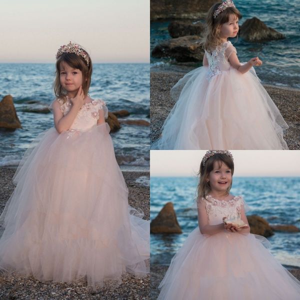 Allık Pembe Abiye Dantel Çiçek Kız Elbise Düğün İçin 3D Çiçek Aplike Tutu Boho Plaj Kız Pageant Communion Elbise