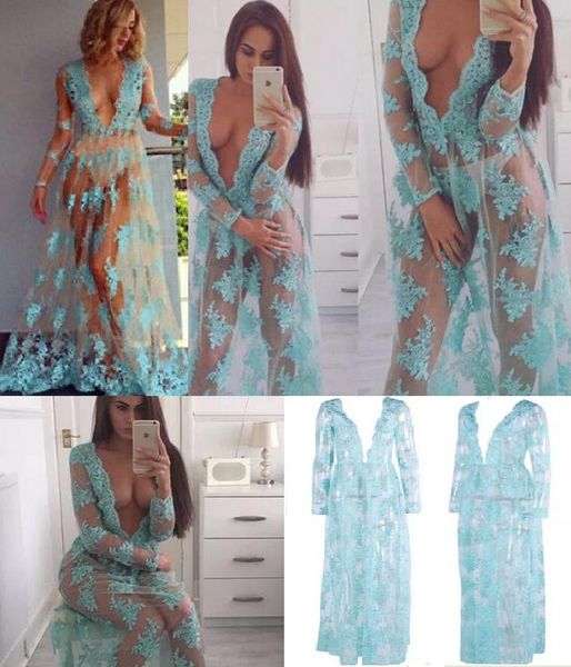 Acheter Sexy Dentelle Deep V Bleu Tulle Perspectivity Brodé Robe Pleine Voile Dentelle Transparente Fleur Pole Dancing Robe Nue Robe De Plage Pure De