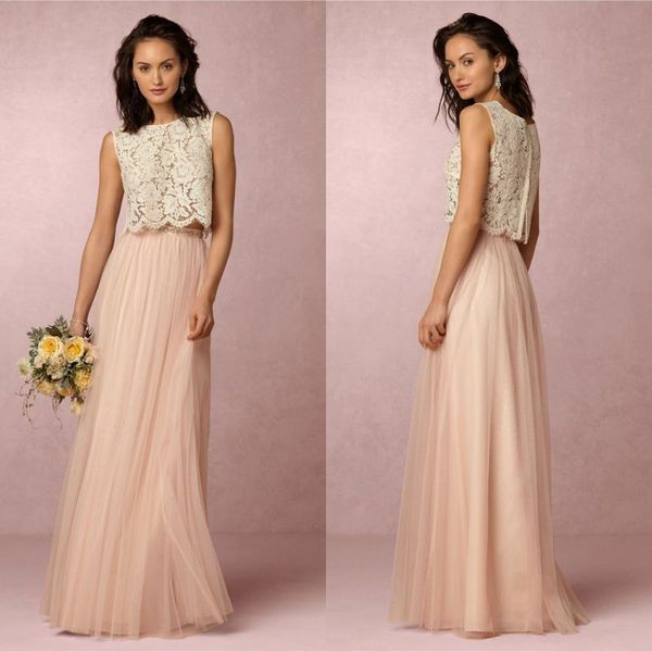 Two Pieces A Line Floor Length Tulle Lace Top Long Bridesmaid