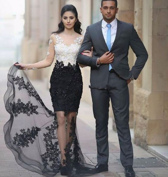 

white black evening dresses 2017 appliques sheer long sleeves mermaid formal evening gowns for party prom dresses vestido de festa, Black;red