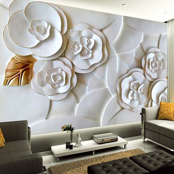 

wholesale-custom 3d stereoscopic embossed white roses mural wallpaper living room sofa background p wall paper papel de parede 3d