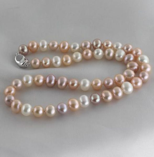 

8-9mm white pink purple natural pearl necklace 17 inch 925 silver clasp