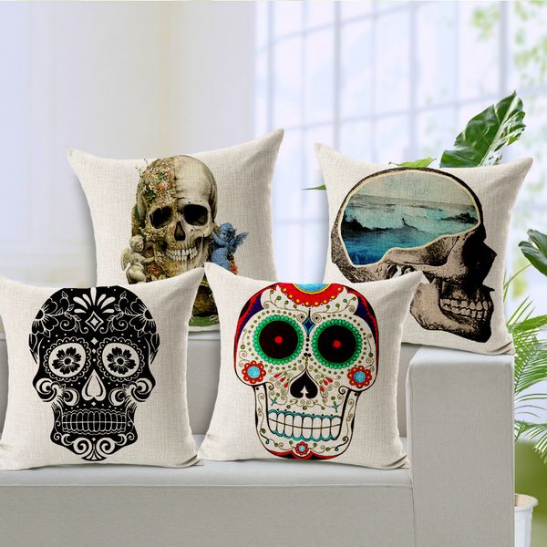 

12 styles 45cm*45cm stylish skull cushion cover cotton linen throw pillow case nordic square cool men cushion covers bar decor
