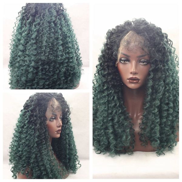 New Sexy Afro Kinky Curly Hair Black Ombre Green Curly Wigs For