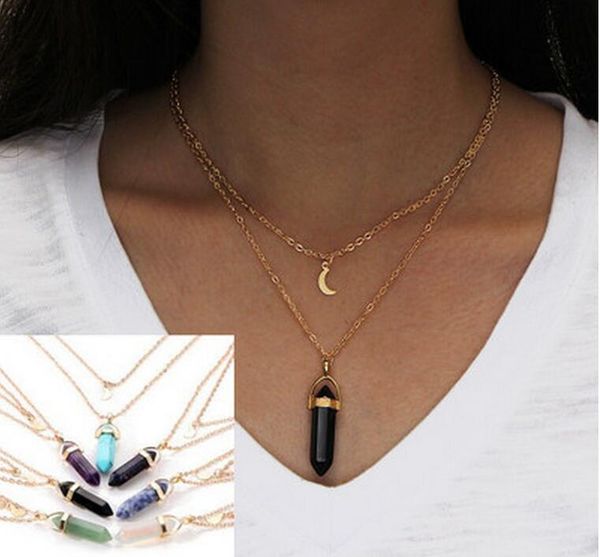 

bullet glass natural chain hexagon pendant column double moon stone neck necklace nqrsv