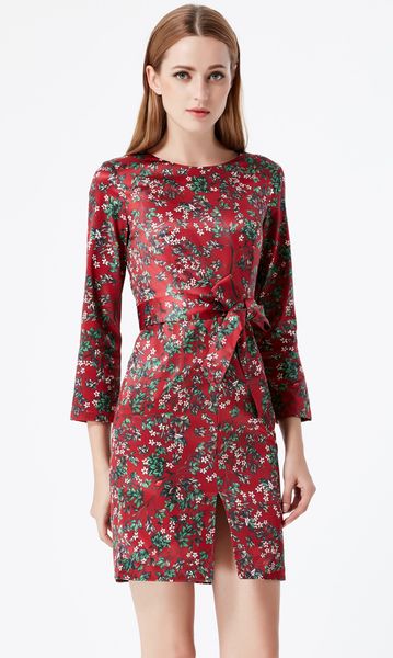 

floral flower print women sheath dress with sashes 3/4 sleeve dresses 122088, Black;gray