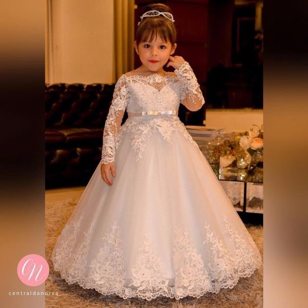 

vintage princess flower girls dresses for weddings lace long sleeve boat neck vintage girl pageant gowns holy communion dress, White;blue