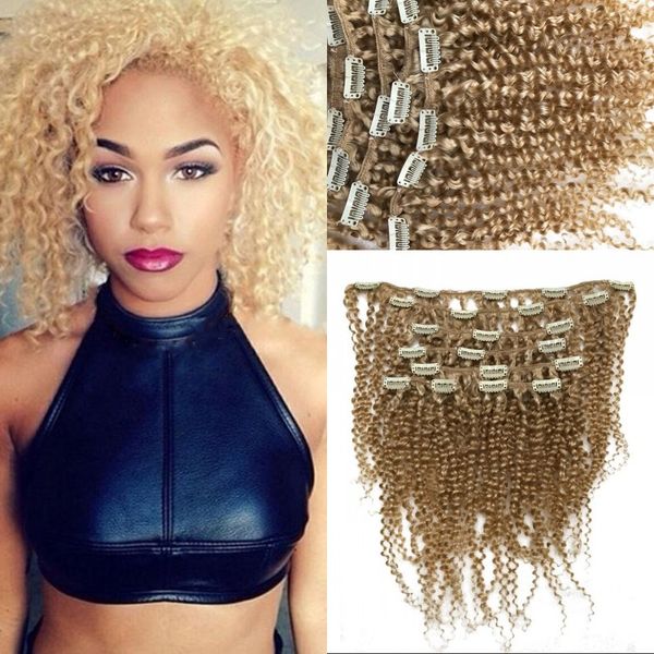 Blonde Hair Clip Piece Mongolian Kinky Curly Hair Clip Ins 613