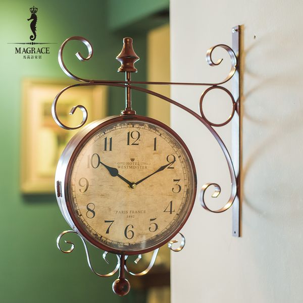 

wholesale- magrace 2016 fashion rotating rustic wrought iron double face wall clock vintage silent movement art decorative