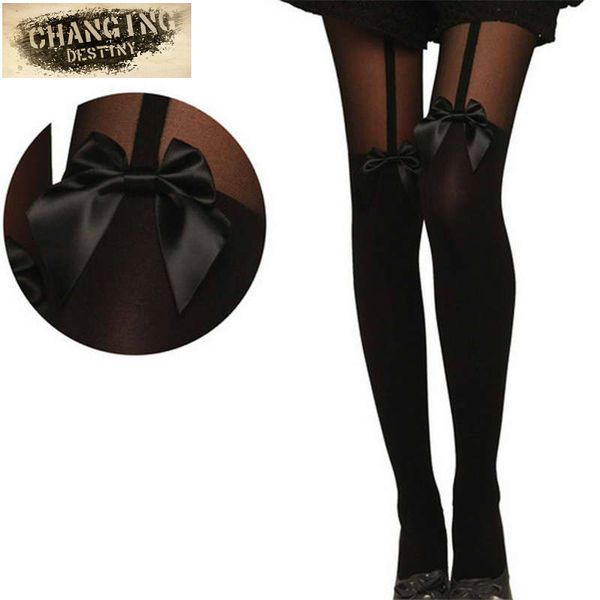 

wholesale-vintage lady girl fashion personality stocking bowknot suspender sheer pantyhose tight tattoo mock stockings for female, Black;white