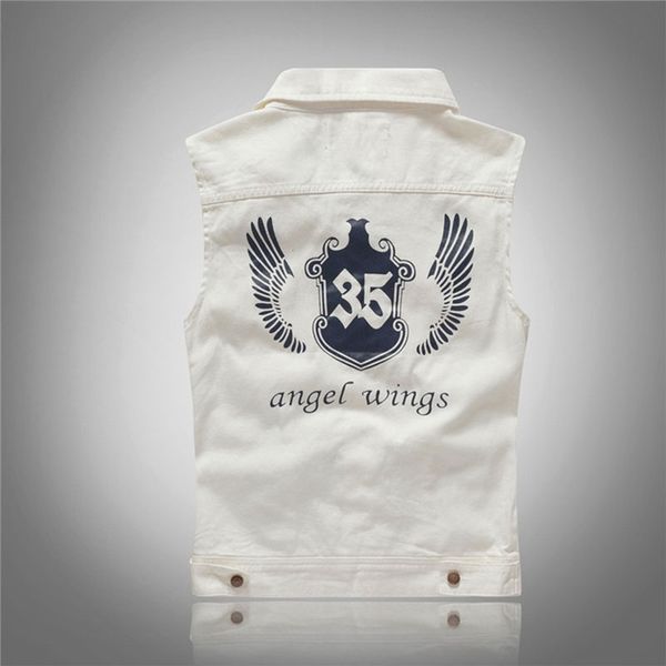 

wholesale- mens hip hop clothing angel wings printed white denim vest slim fit sleeveless jacket waistcoat for men, Black;white