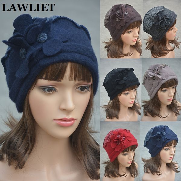 

wholesale-flower waves trimmed womens wool beanie cap dress crochet winter hat ladies warm beret hats outdoor snow hats for female a125, Blue;gray