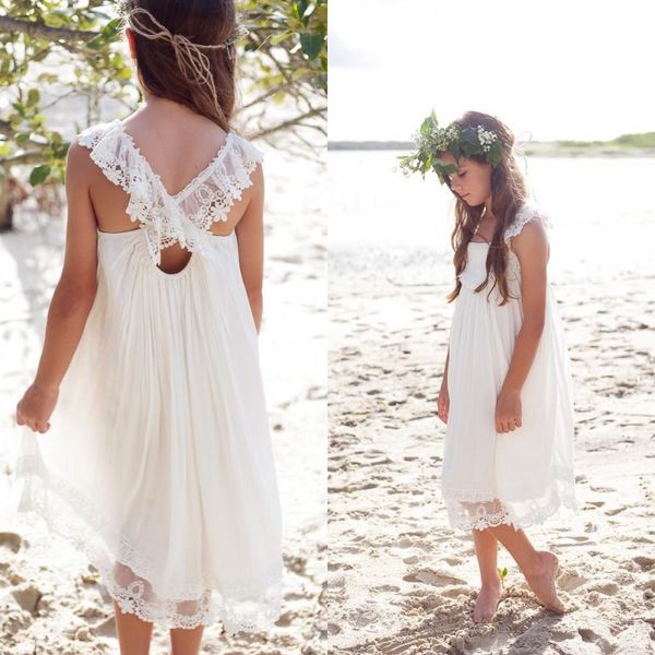 Новый 2017 Слоновой Кости шифон чай длина Boho Beach Country Flower Girl платья для свадьбы дешевые площади кружева девушки повседневная Dress пользовательские EN7271