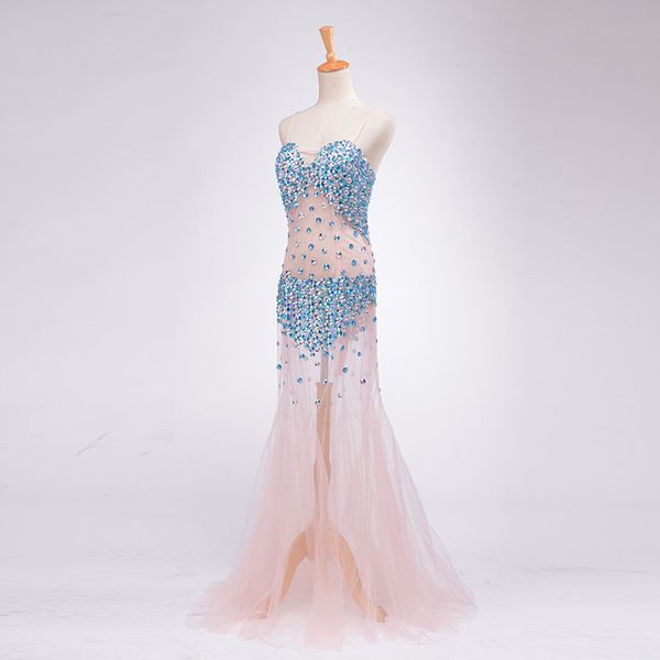 

бисером длинные тюль вечерние платья розовый 2018 сексуальные платья выпускного вечера с бретельках новое платье партии, Black;red