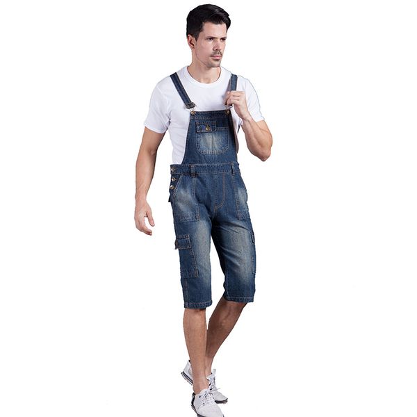 

wholesale-summer men`s denim shorts overalls vintage washed multi-pockets jean jumpsuit for men big and tall plus size, Blue